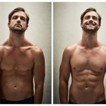 Before and after studio shot of a shirtless young man working on his physique